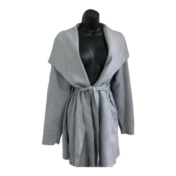 Haute monde Blue faux suede oversized shawl collar belted trench coat size Large - Picture 12 of 16